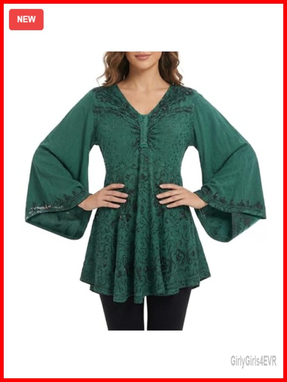 Boho Bell Sleeve Embroidered Tunic Top 100% Rayon